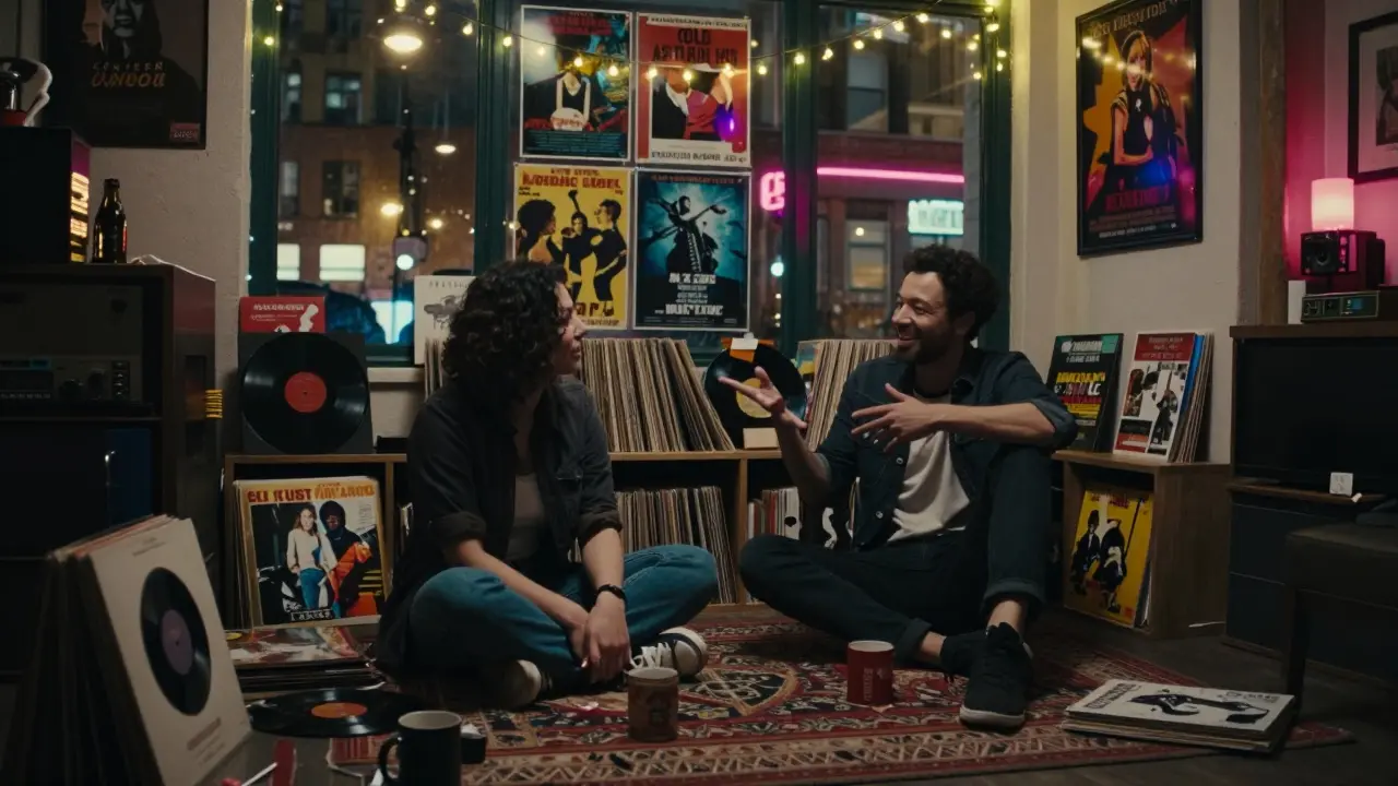 A creative East London loft with vinyl records and film posters, two people engaged in animated conversation.