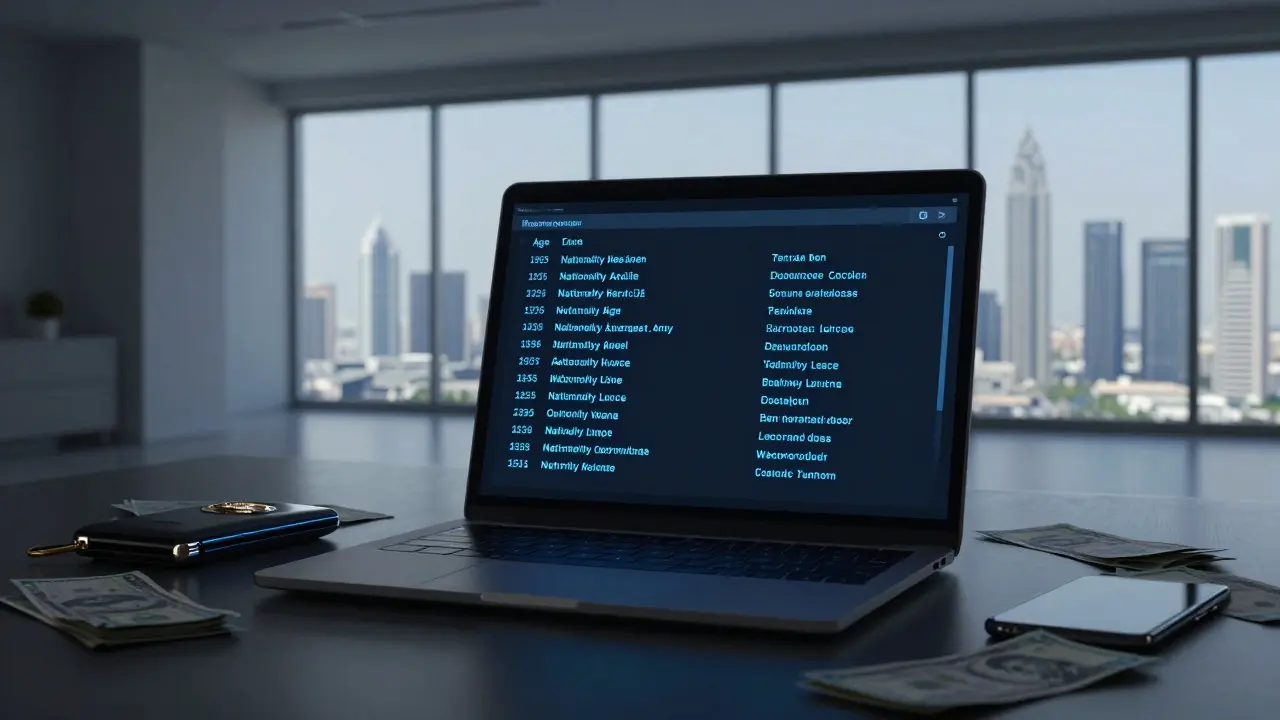 A dark laptop screen displaying encrypted text profiles with no photos, cash and crypto device nearby.