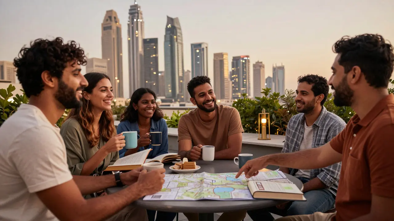 A diverse group of expats socializing warmly at a Dubai rooftop meetup under twilight lights.