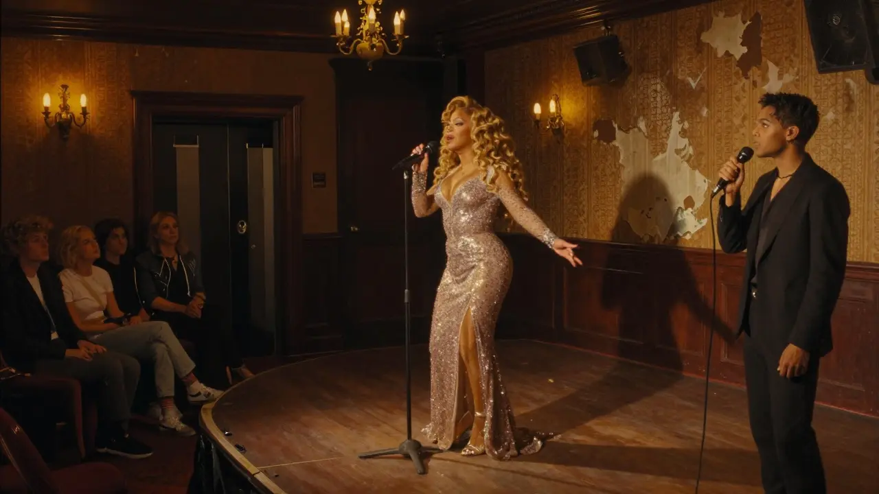 A drag queen performing on a historic stage while a young non-binary person watches in awe.