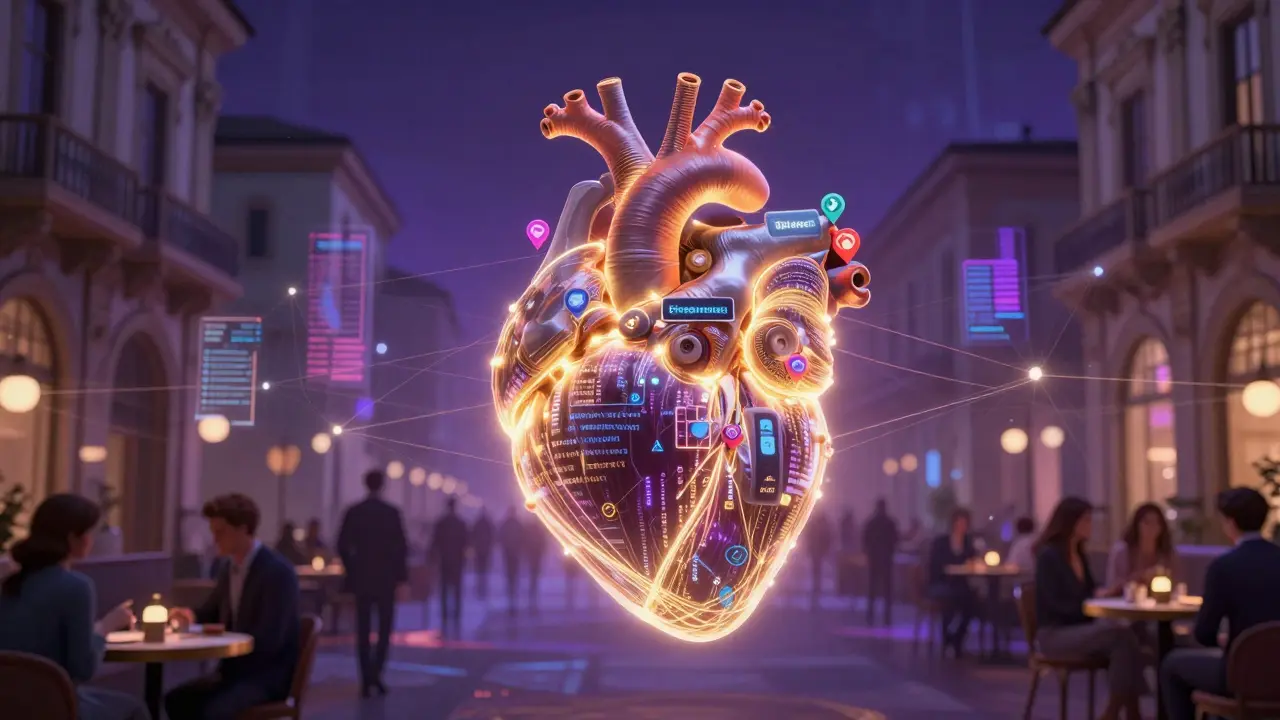 A glowing heart made of digital threads connecting silhouettes of people across a Milan cityscape.