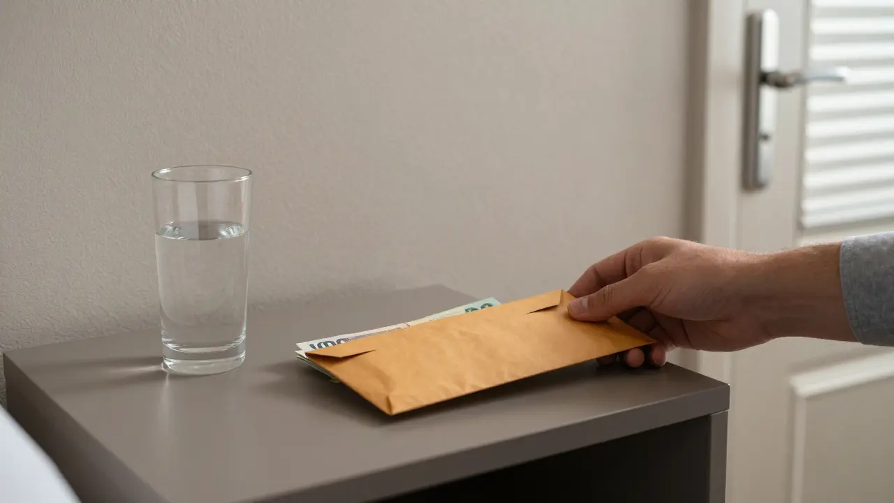 A hand places cash on a hotel nightstand; no personal items are visible.