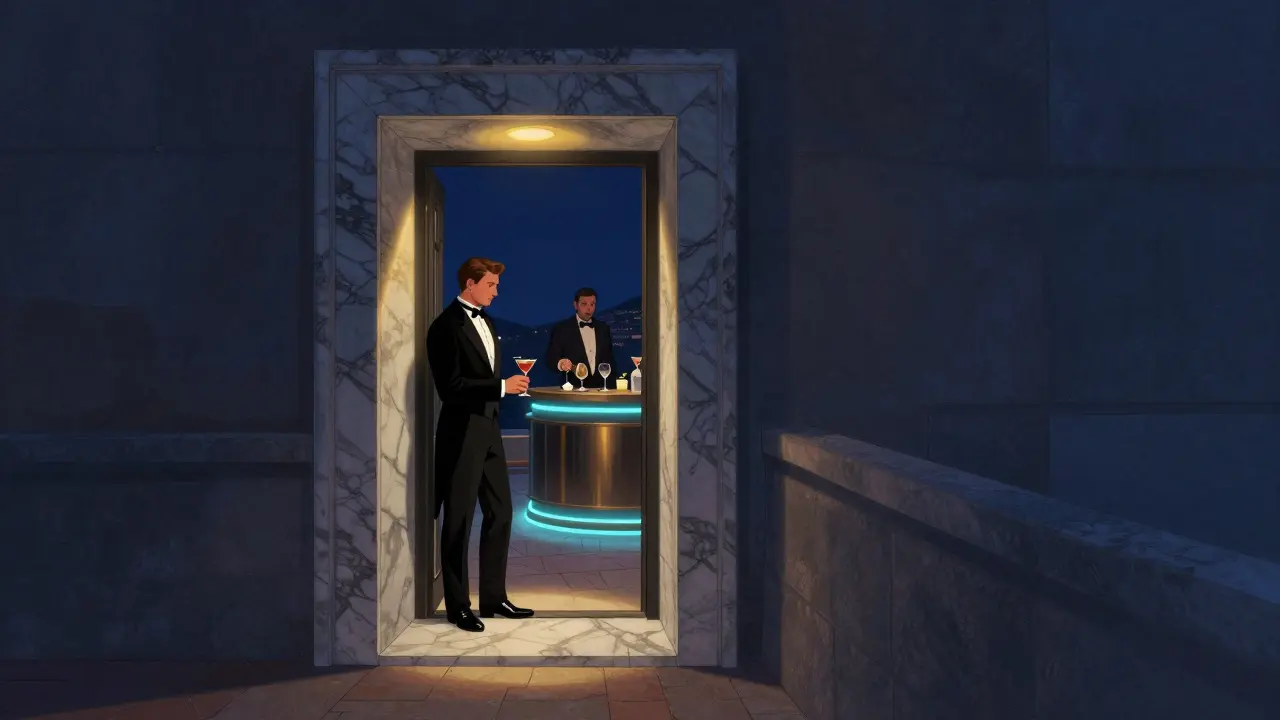 A hidden marble door in Monaco's alleyway leading to a glowing rooftop terrace with a sommelier preparing cocktails.