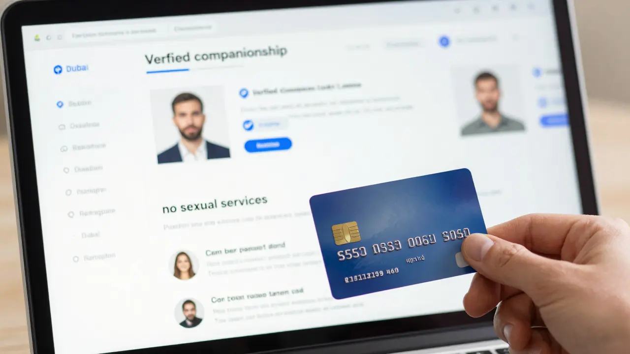 A laptop screen showing a verified companionship platform with ID verification badges.