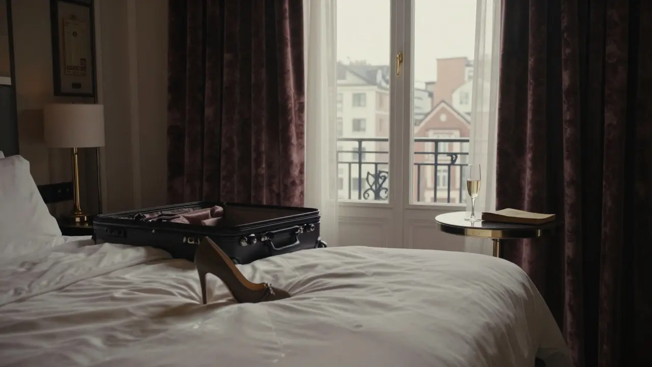 A luxurious Berlin hotel suite at dawn, evidence of an intimate night, morning light filtering through velvet curtains.