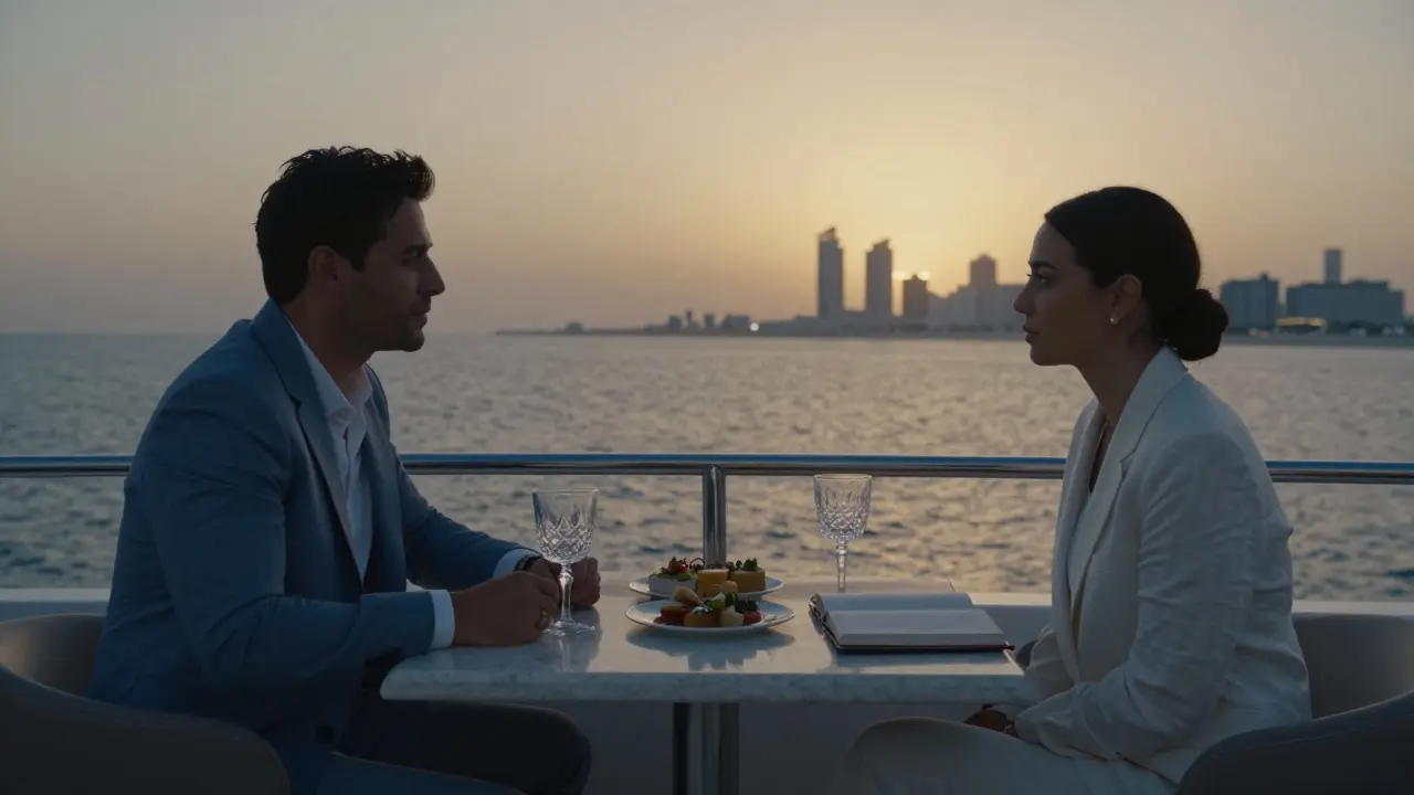 A man and woman converse quietly on a yacht at sunset, surrounded by gourmet food and ocean views.