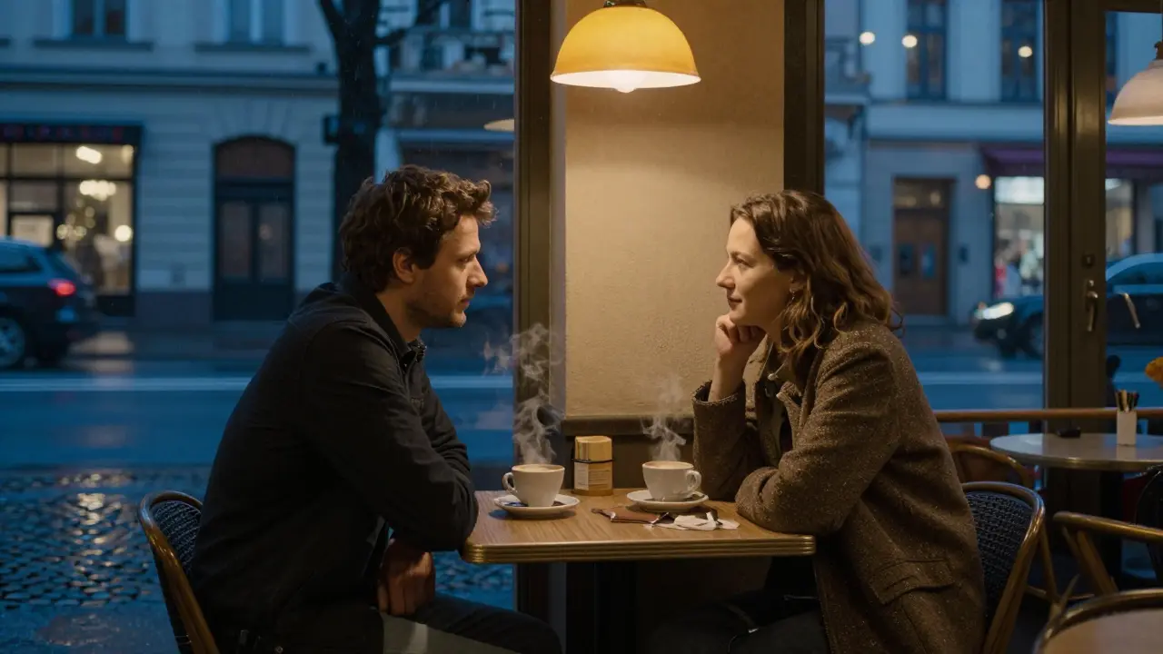 A man and woman having a thoughtful conversation at a cozy Berlin café at night, rain glistening on the street outside.