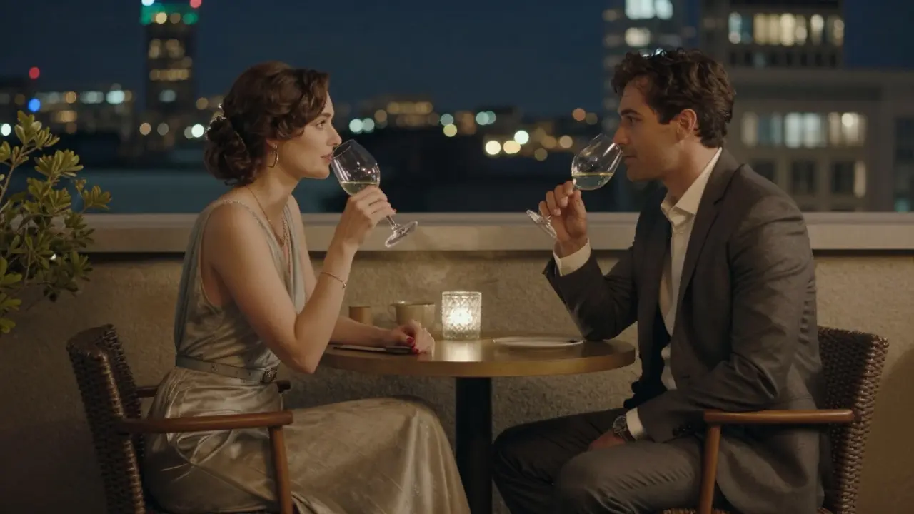 A man and woman sitting silently together on a rooftop lounge, city lights in the background.