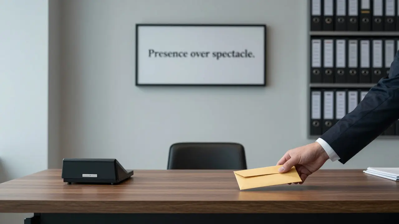 A minimalist agency office with a sealed envelope on a wooden desk, emphasizing discretion and professionalism.