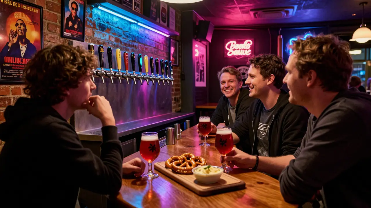 A narrow Camden beer bar with multiple taps, patrons sharing food and drinking sour ales in a lively atmosphere.