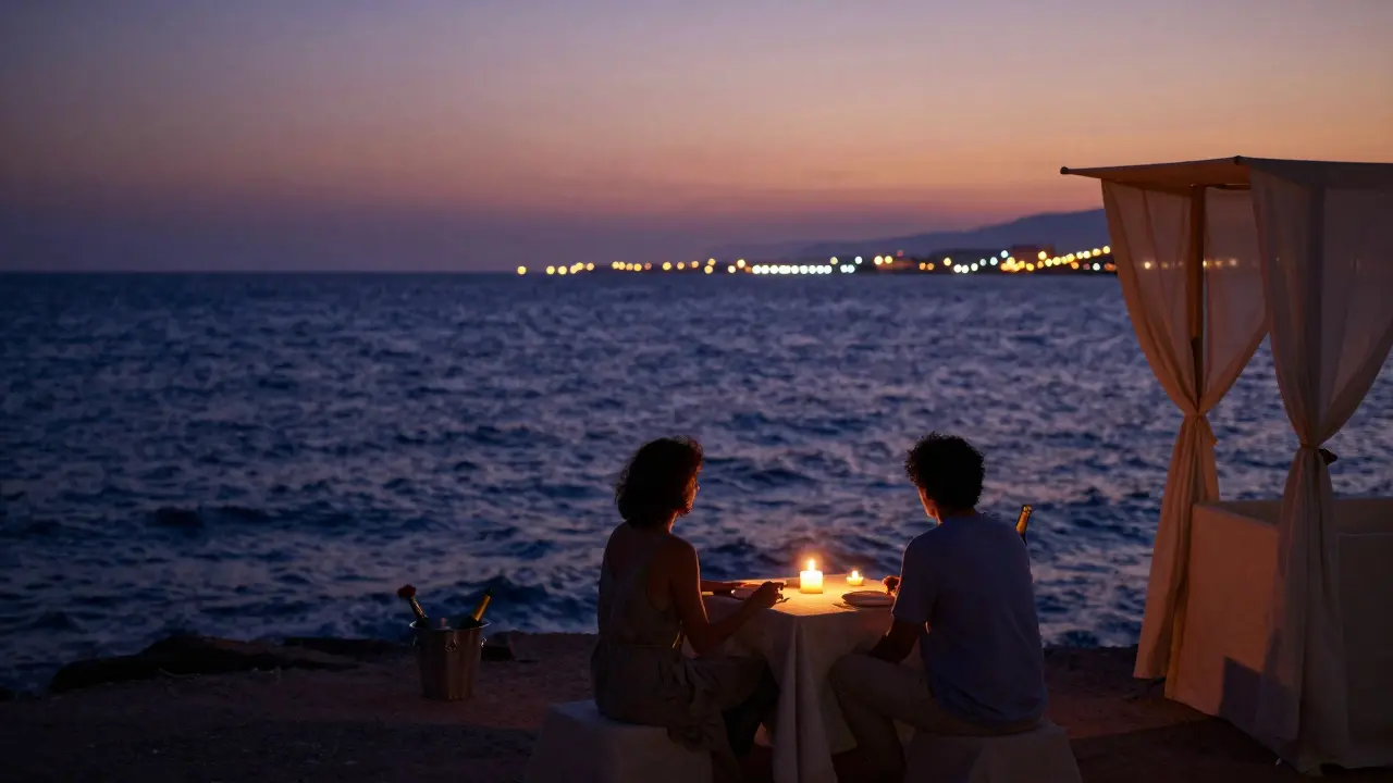 A private candlelit cabana by the Mediterranean at sunset with Champagne and a rose.