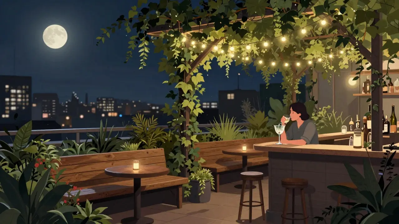 A quiet rooftop garden bar with fairy lights and ivy, someone sipping a drink under a canopy of plants.
