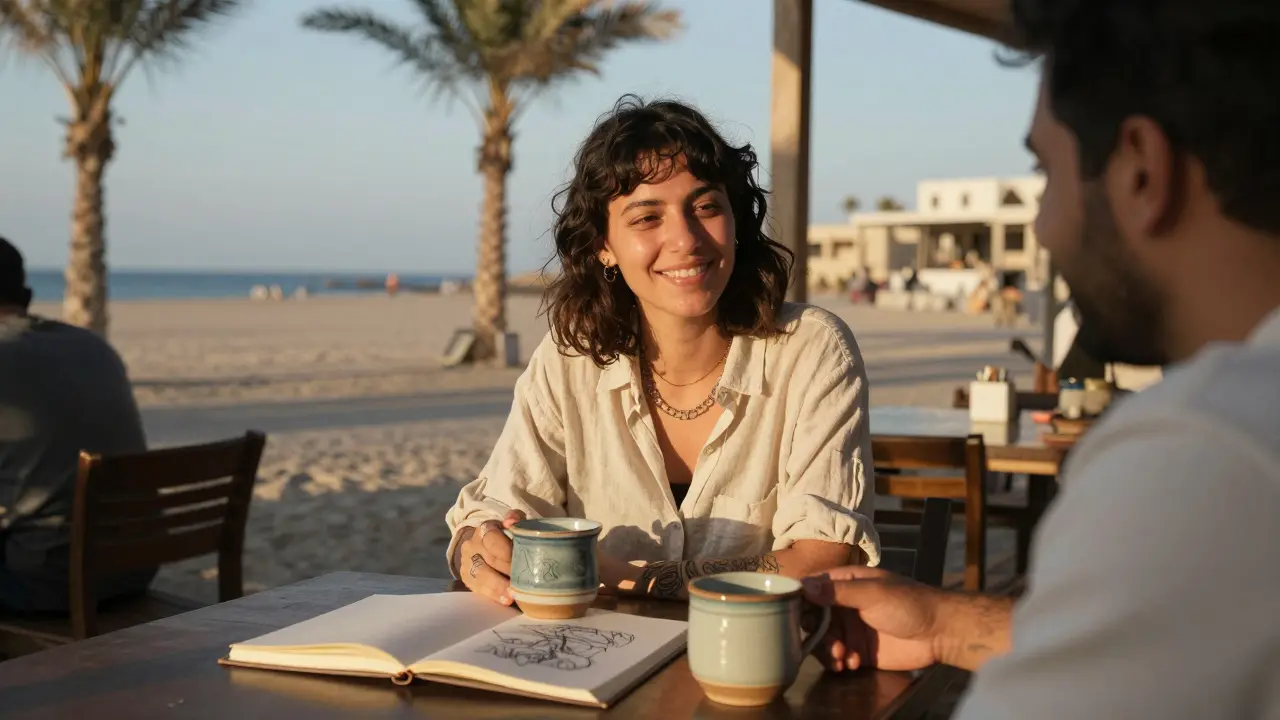 A relaxed meeting at a beachside café with a woman and man sharing a quiet, authentic moment.