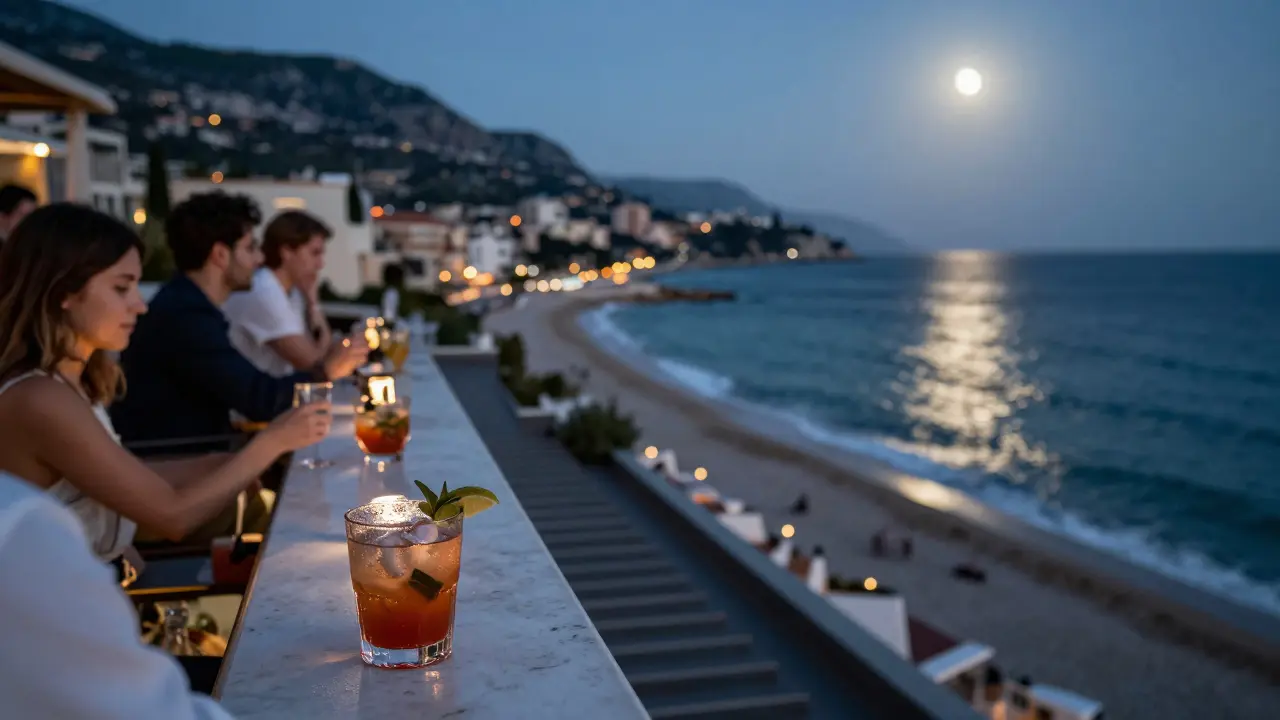A secret rooftop bar overlooking the Mediterranean coast at night, lit by moonlight and city twinkles.