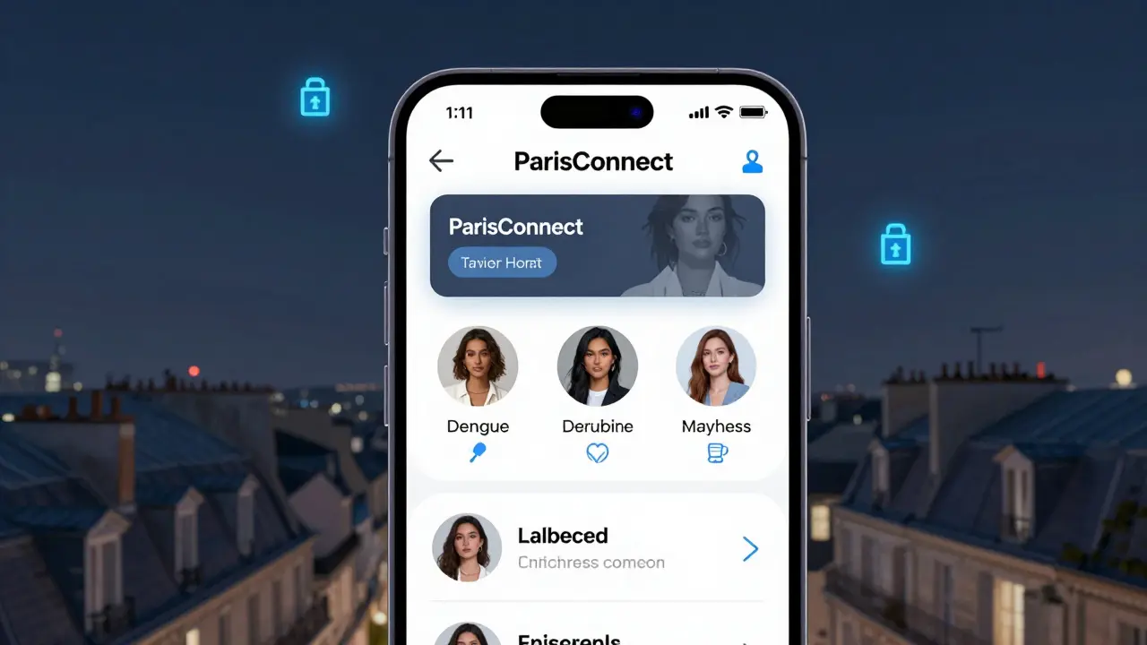 A smartphone showing the ParisConnect app with encryption symbols and verified profiles, representing digital safety in escort services.