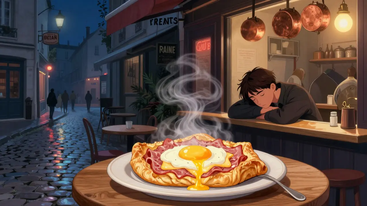 A steaming galette complète at a cozy Montmartre crêperie at midnight.