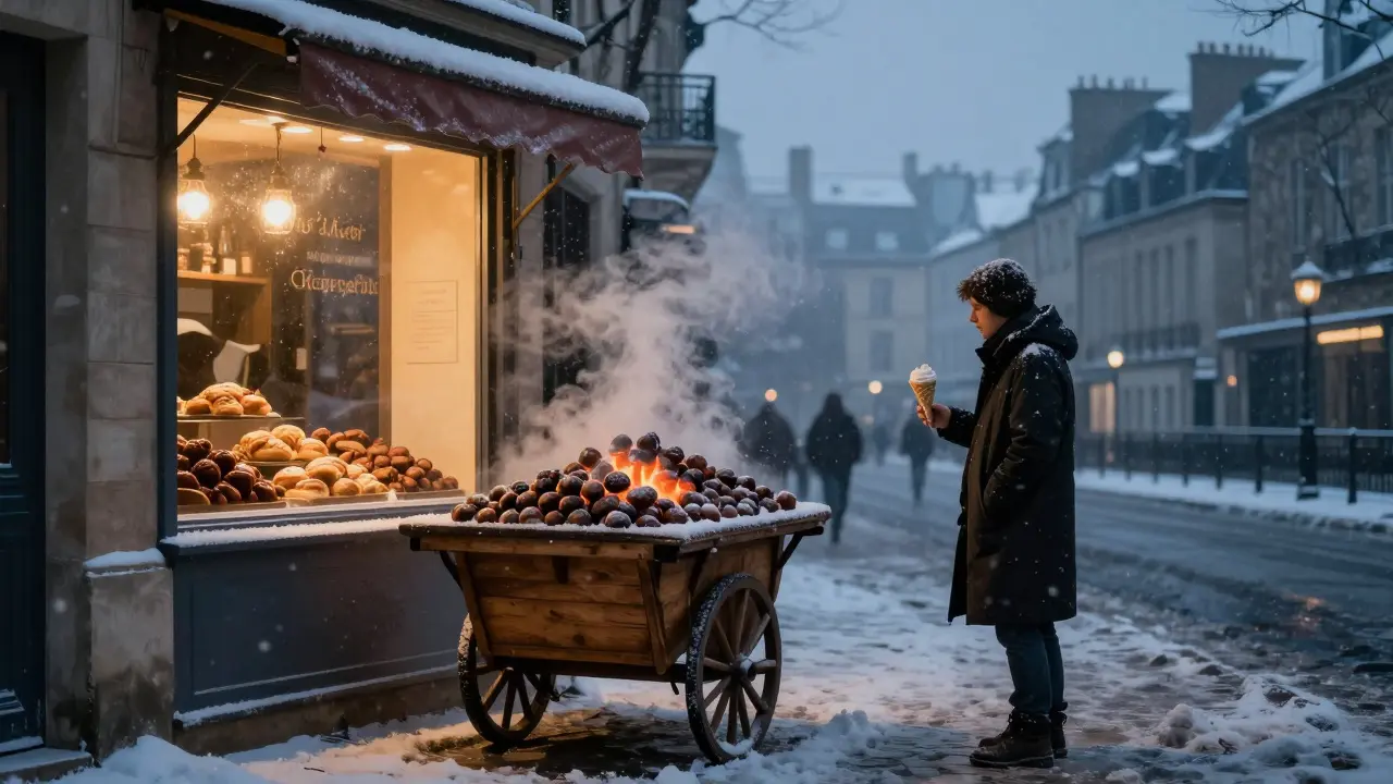 A street cart selling roasted chestnuts in snowy Paris under soft bakery light.
