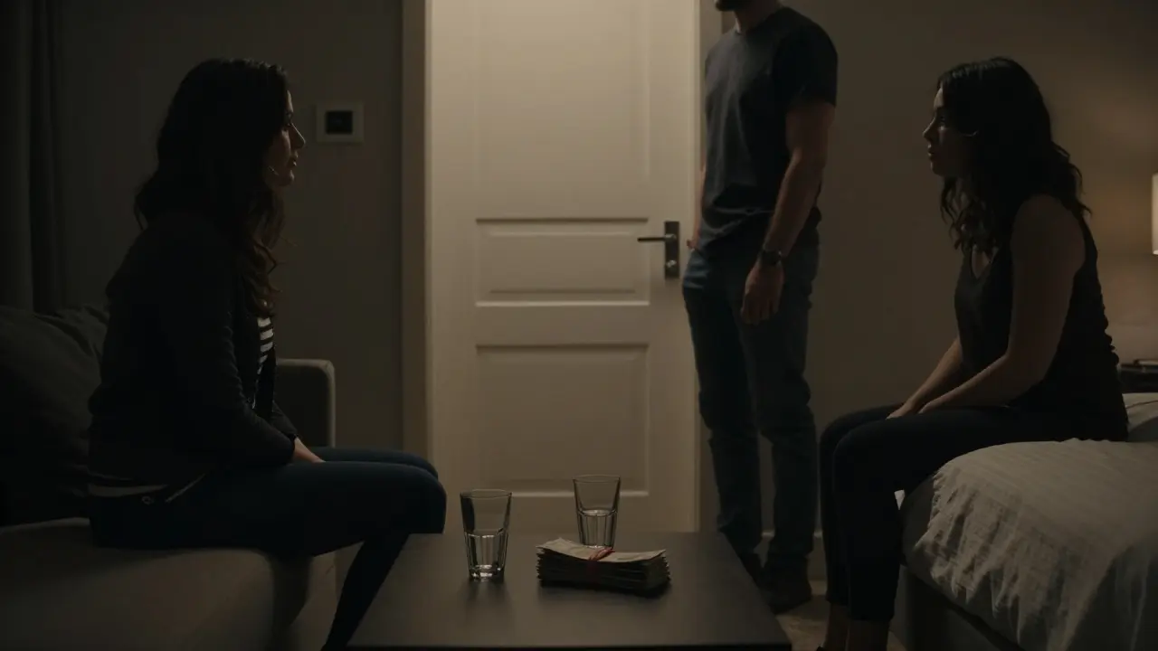 A tense hotel room scene with cash and drinks on a table, two figures in silhouette, no faces visible.