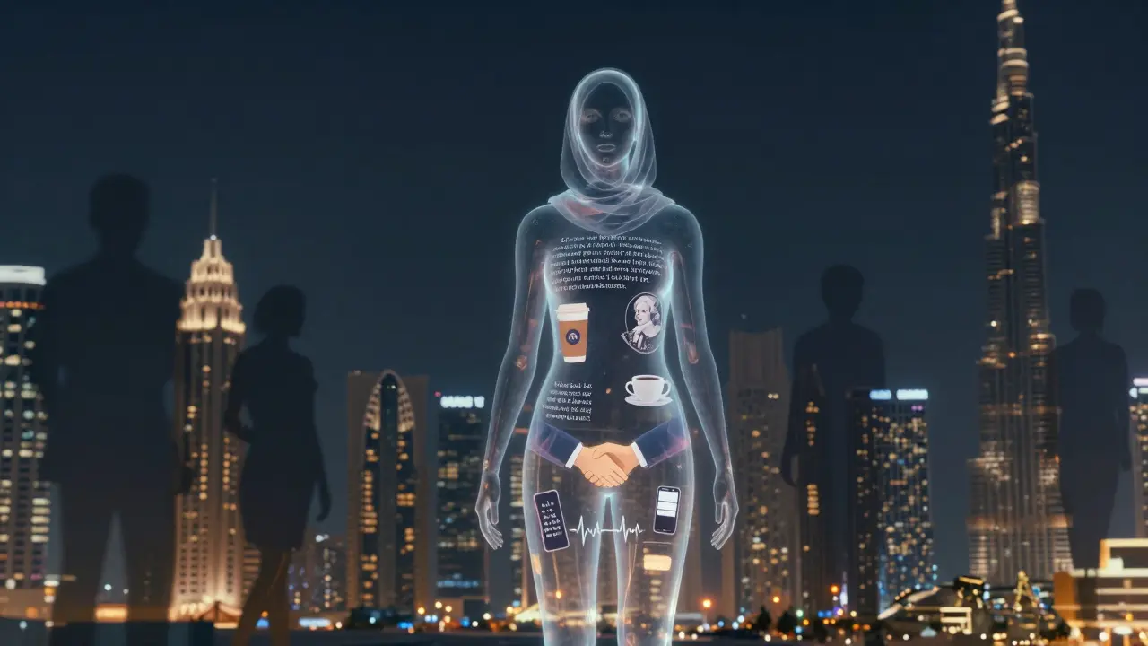 A transparent figure made of cultural symbols stands amid Dubai's skyline, representing emotional connection and silence amid glittering towers.
