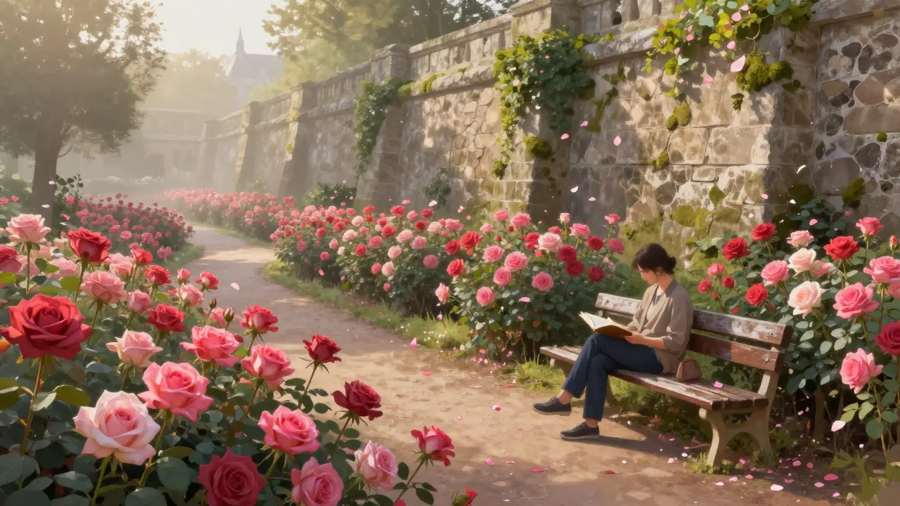 A vast rose garden at sunrise with a solitary reader on a bench, petals drifting in the mist.