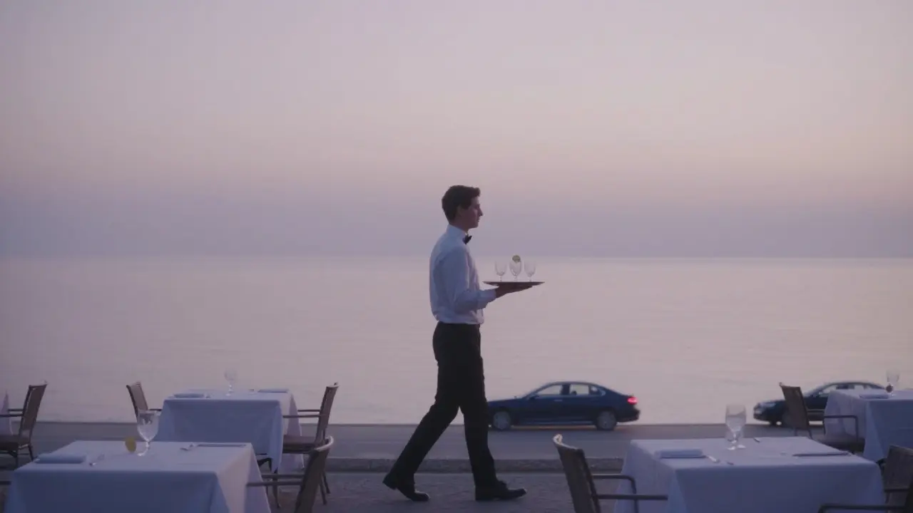 A waiter walks alone at dawn with empty glasses and a gold coin on a tray along Monaco's quiet seaside promenade.