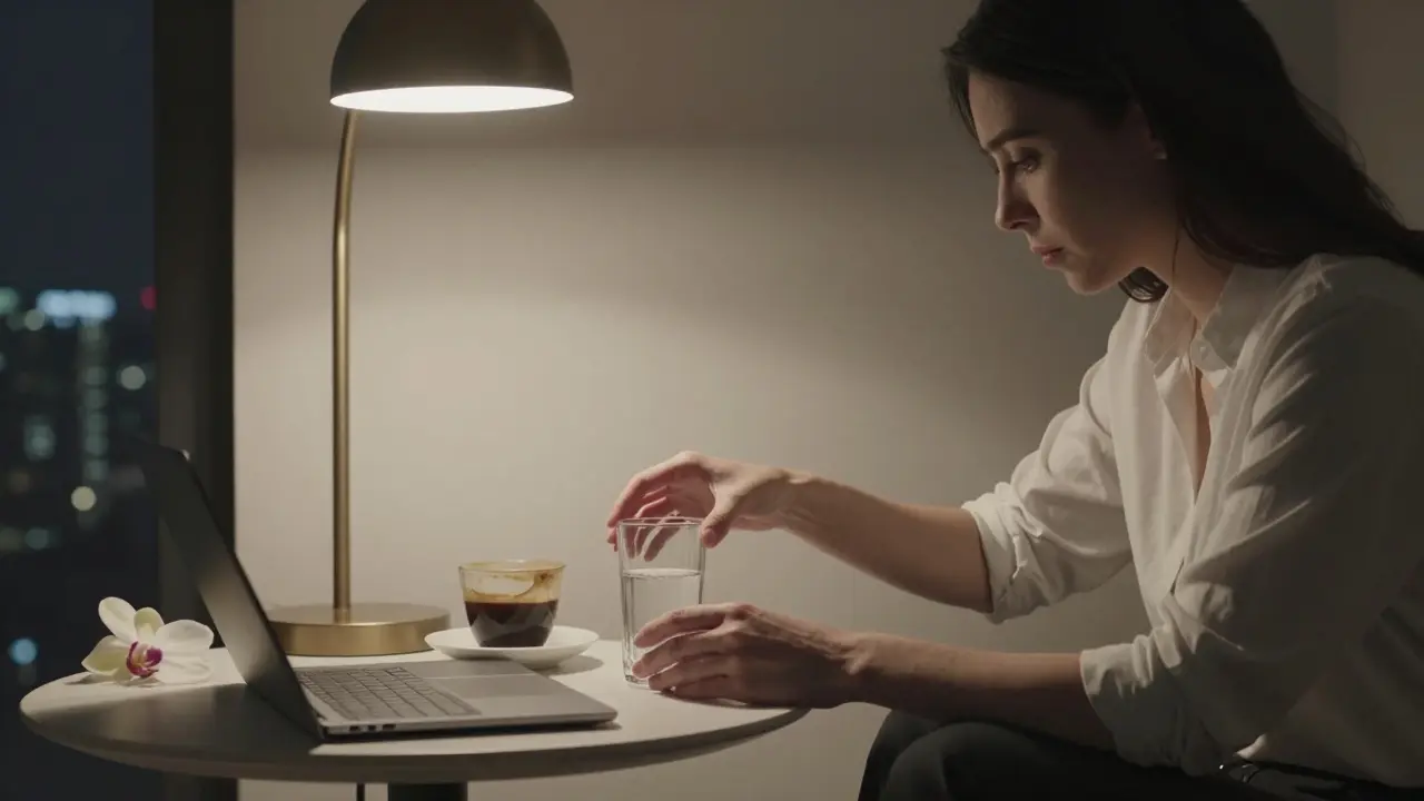 A woman's hands refill water for a tired client in a dimly lit penthouse, with a coffee cup and orchid on the table, city lights blurred in the background.