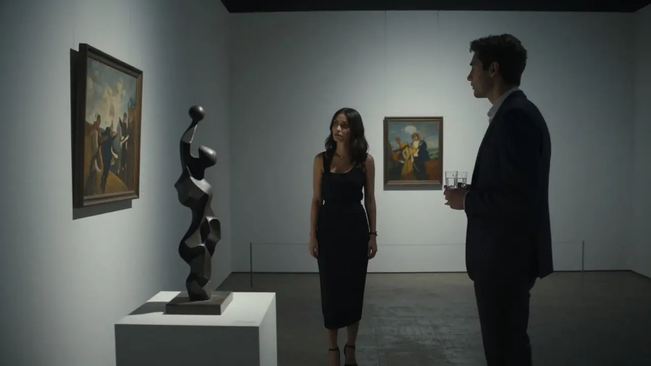 A woman and man observing art in a quiet, dimly lit gallery during a private evening event.