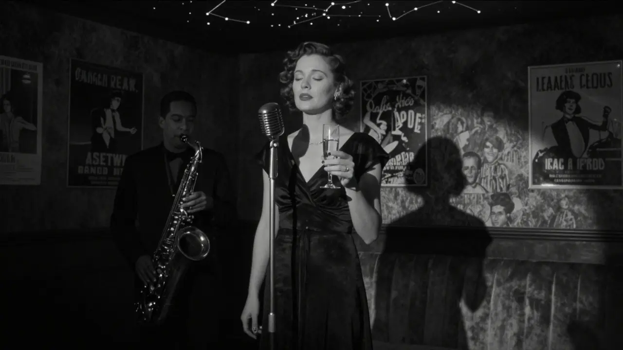 A woman in a black dress closing her eyes beside a vintage microphone in a dim jazz club.