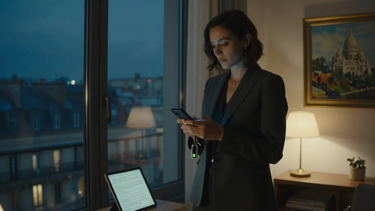 A woman in a suit reflects in a window, holding a burner phone, with a panic button visible on her keychain.
