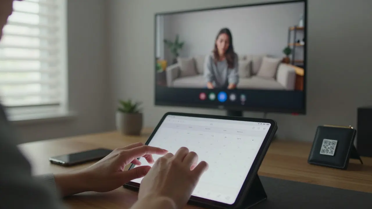 A woman managing her schedule on a touchscreen calendar with GPS and video verification displayed on a monitor.