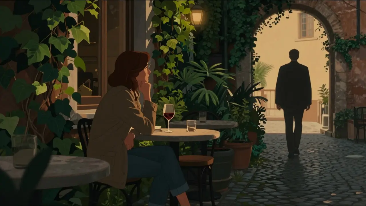 A woman sitting alone at a hidden garden café in Milan at golden hour.