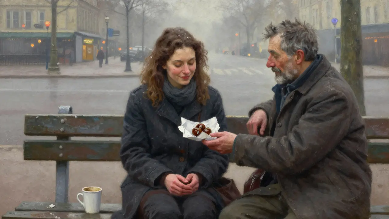 A woman smiles on a bench behind Gare du Nord as an old man offers her roasted chestnuts in winter.