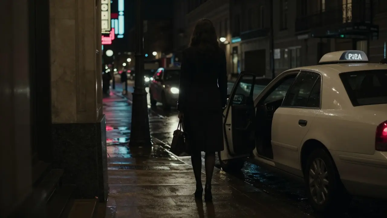 A woman stands outside a hotel at night, waiting for a ride-share car.