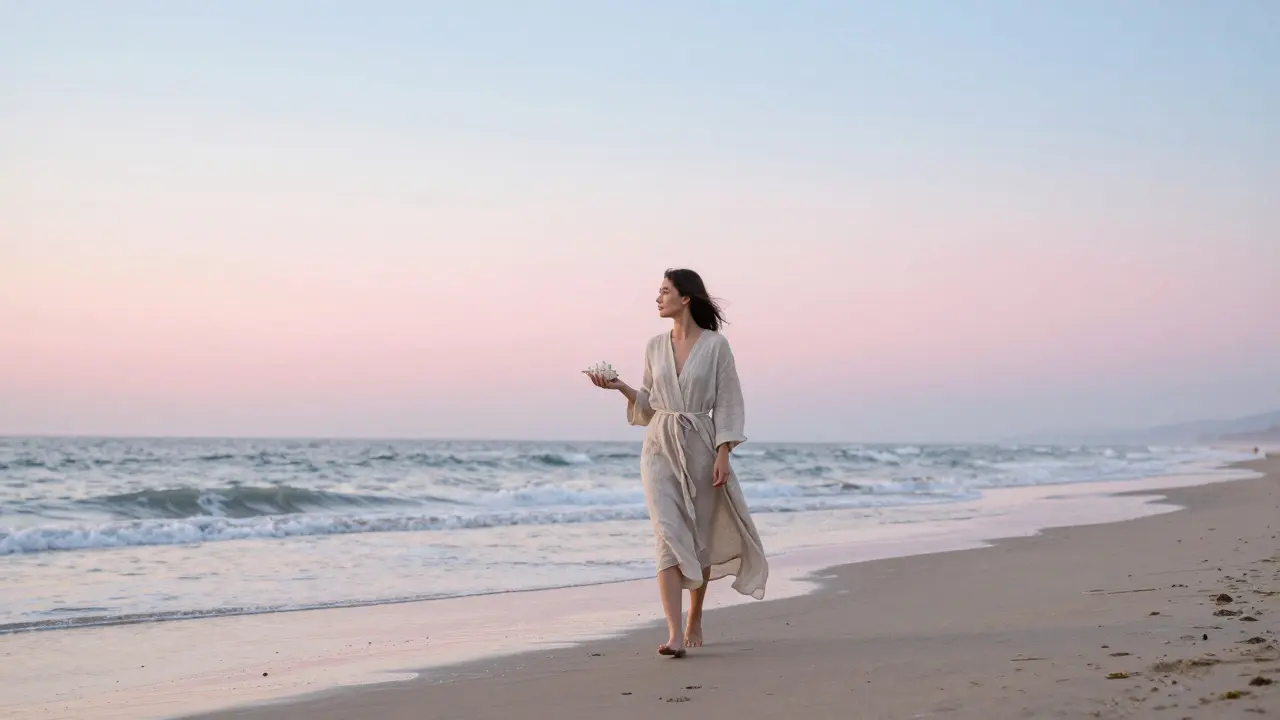 A woman walking barefoot on a beach at dawn, holding a seashell, surrounded by soft morning light.