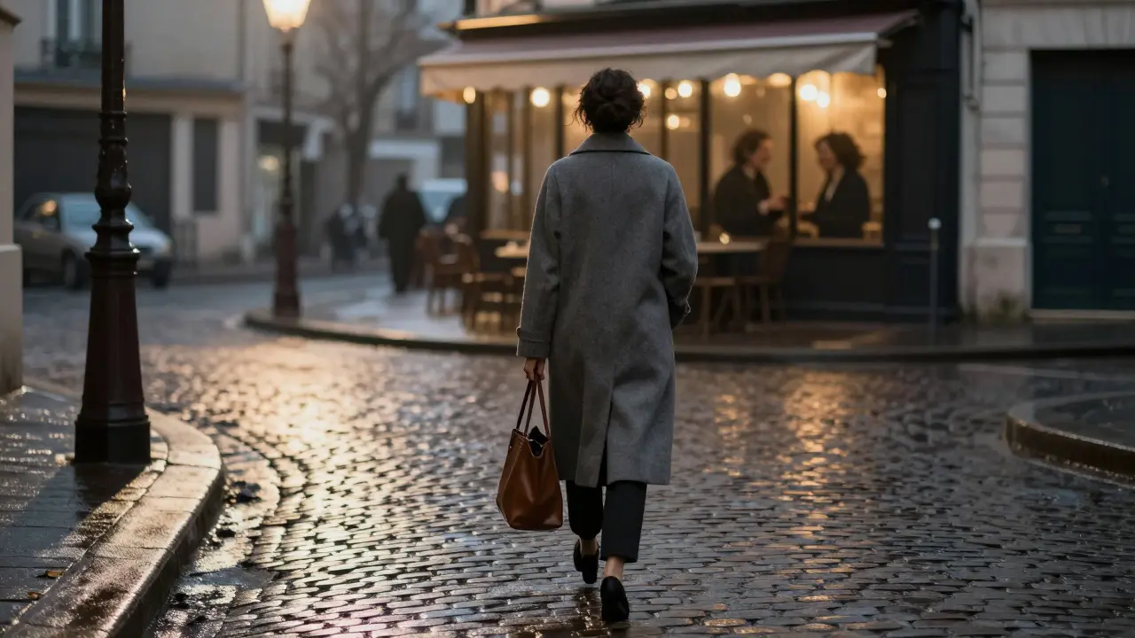 A woman walks alone through rain-slicked Montmartre at night, coat flowing, city lights glowing in the distance.