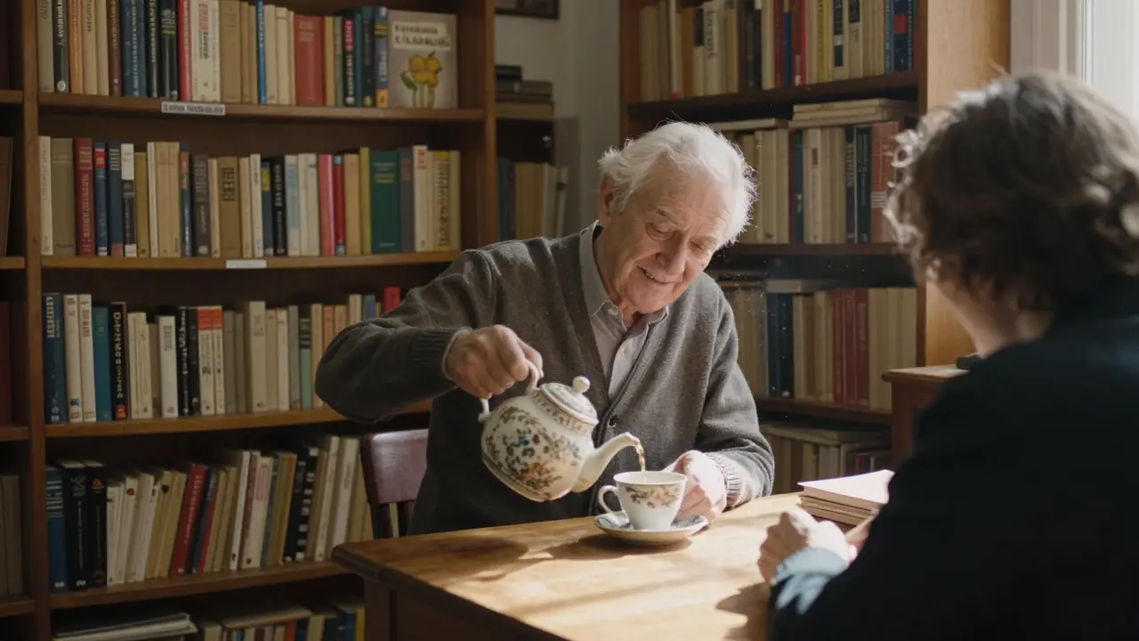 An elderly librarian pouring tea in a quiet Parisian library filled with vintage books and soft afternoon light.