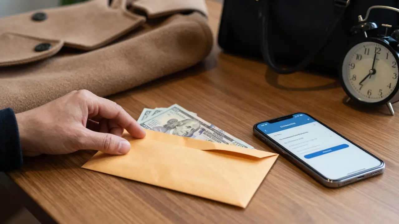 An envelope of cash and a booking confirmation on a table, symbolizing clear payment and punctuality.