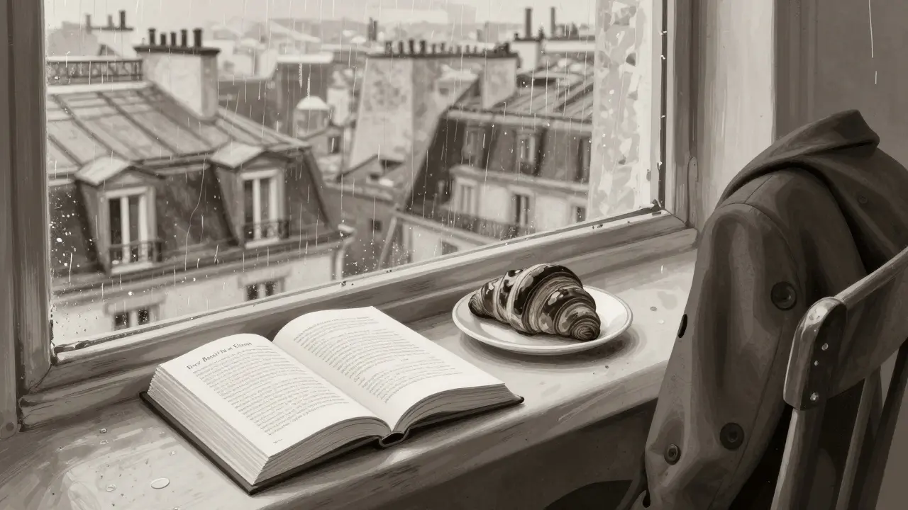 An open book and chocolate croissant sit on a windowsill, rain streaking the glass of a quiet Paris rooftop.