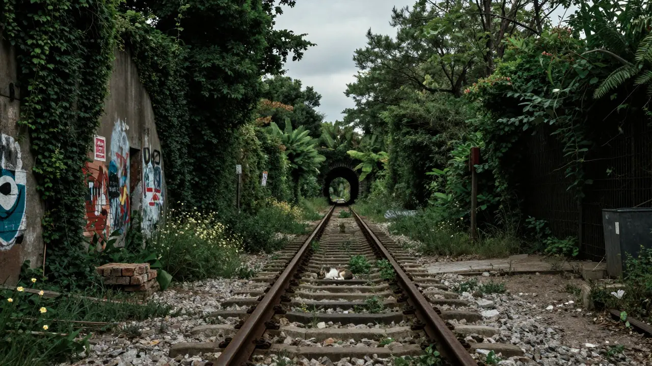 An overgrown abandoned railway trail with wildflowers, street art, and a cat napping on old train tracks.