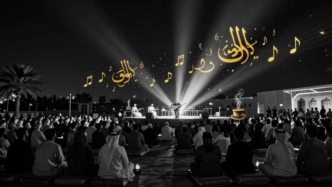 Audience in silence at a cultural concert, golden musical notes floating in the air as an oud player performs under the stars.