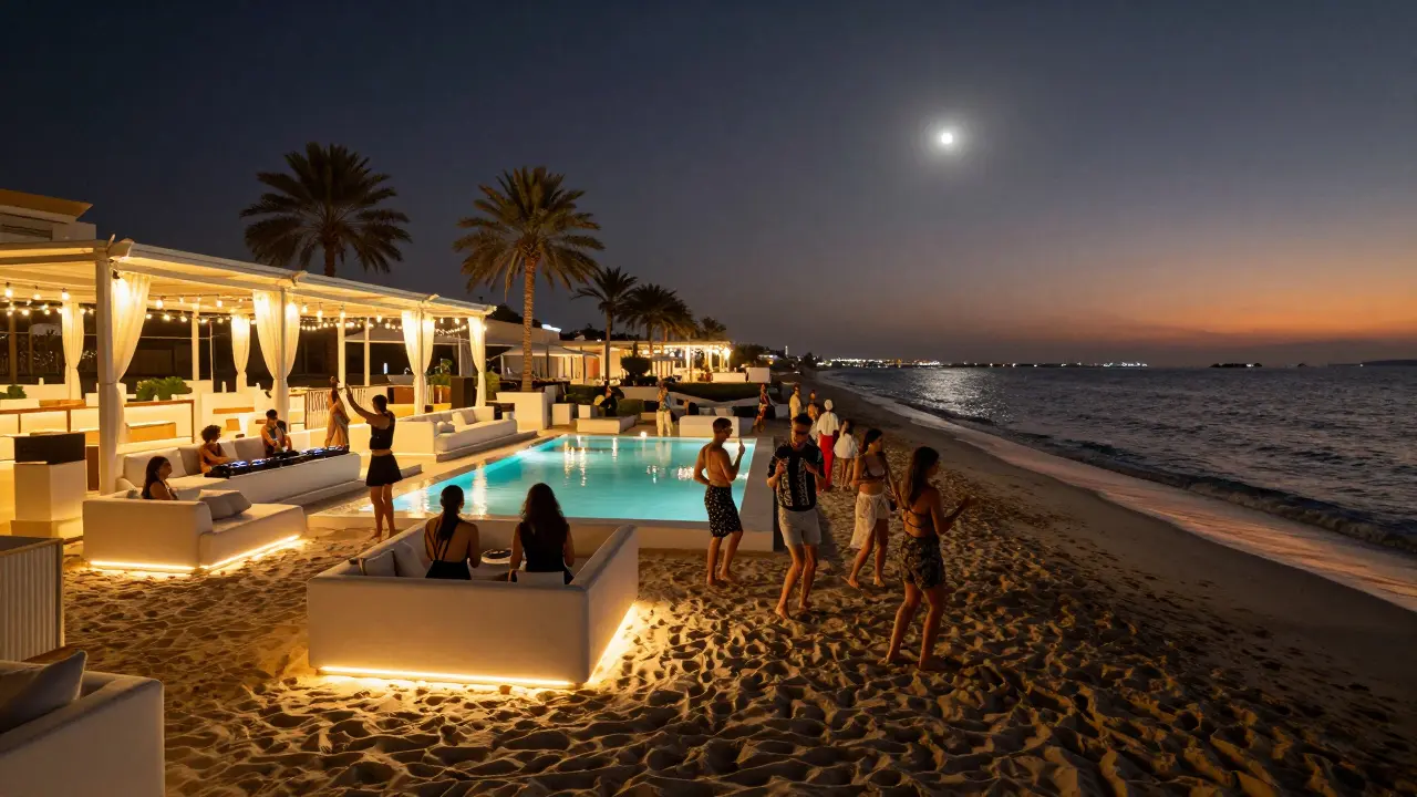 Beach club at night with white lounges, glowing pool, and people dancing on sand under string lights.