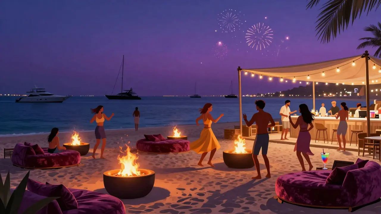 Beachfront lounge at Dubai Marina at midnight with fire pits, colorful drinks, and fireworks in the distance.