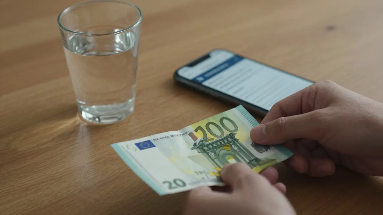 Cash payment placed neatly on a table beside a glass of water, with an agency website visible in the background.