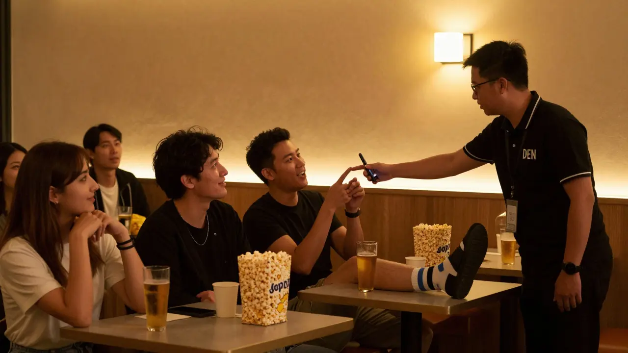 Comedy club staff reminding guest to put away phone, front-row audience reacting to a joke.