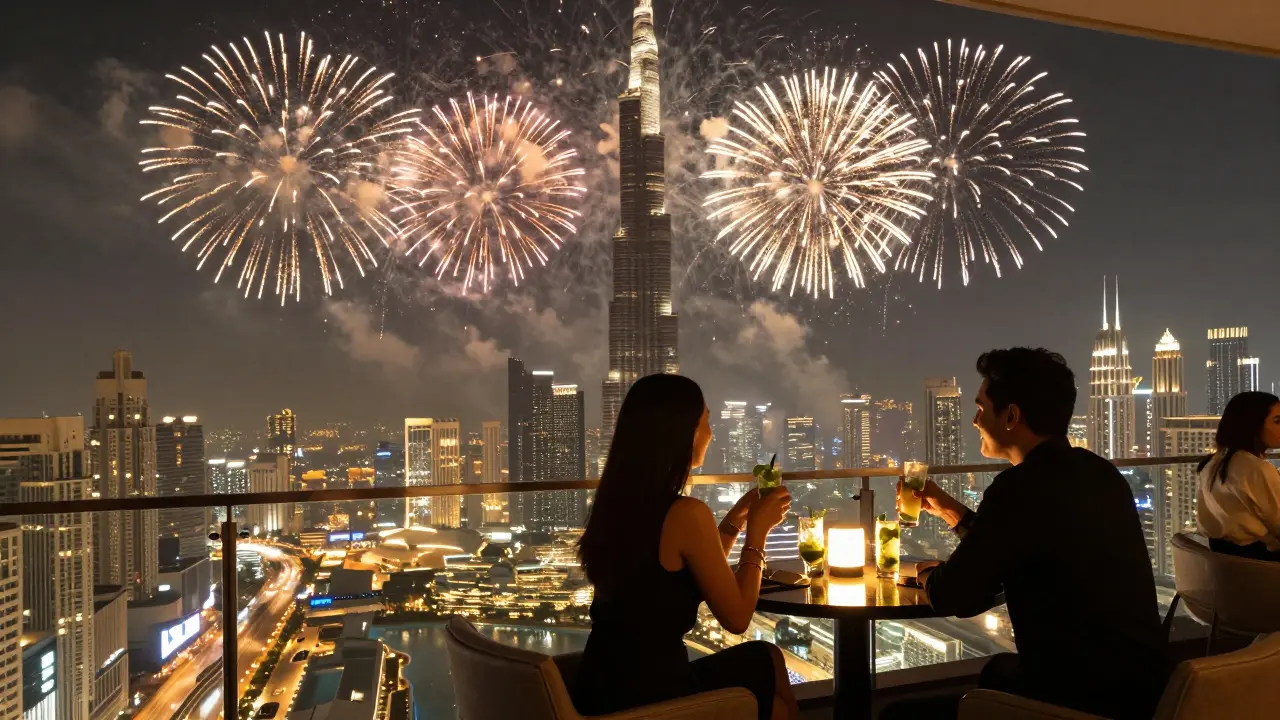 Couple enjoying cocktails at Sky View Lounge as fireworks light up Burj Khalifa above.