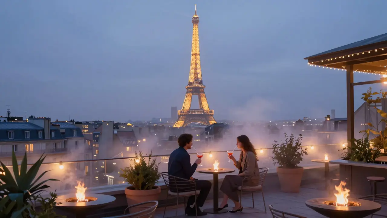 Couple on a rooftop terrace watching the Eiffel Tower sparkle at night