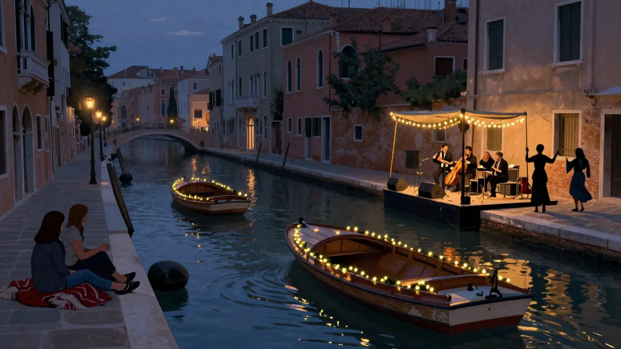 Couples and friends dancing by Navigli canal under string lights with live music.