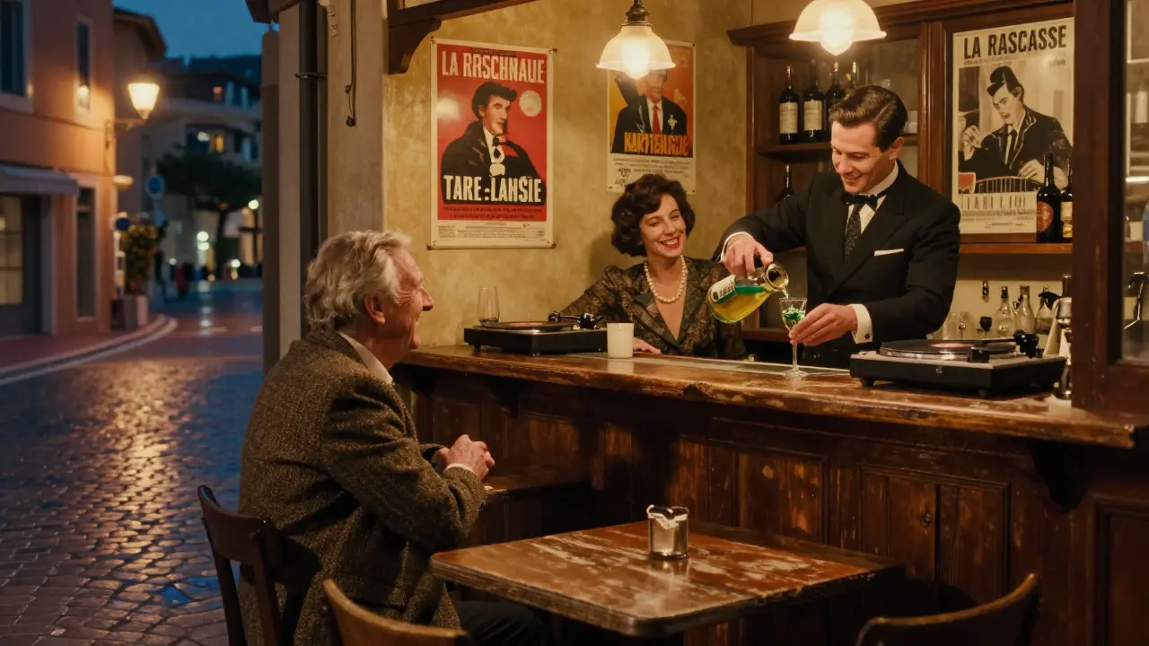 Cozy vintage bar with jazz music, absinthe pour, and quiet patrons in timeless 1970s French style.