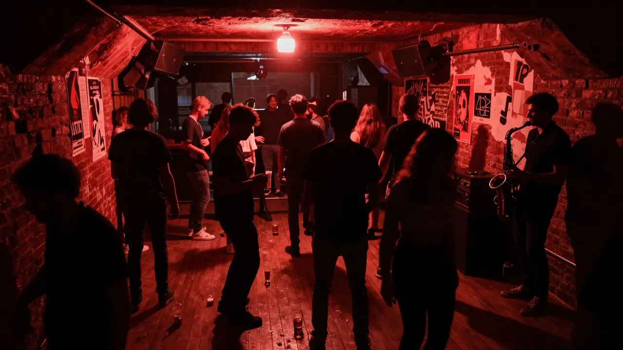 Crowd dancing in a dim underground club with exposed brick walls and pulsing music.