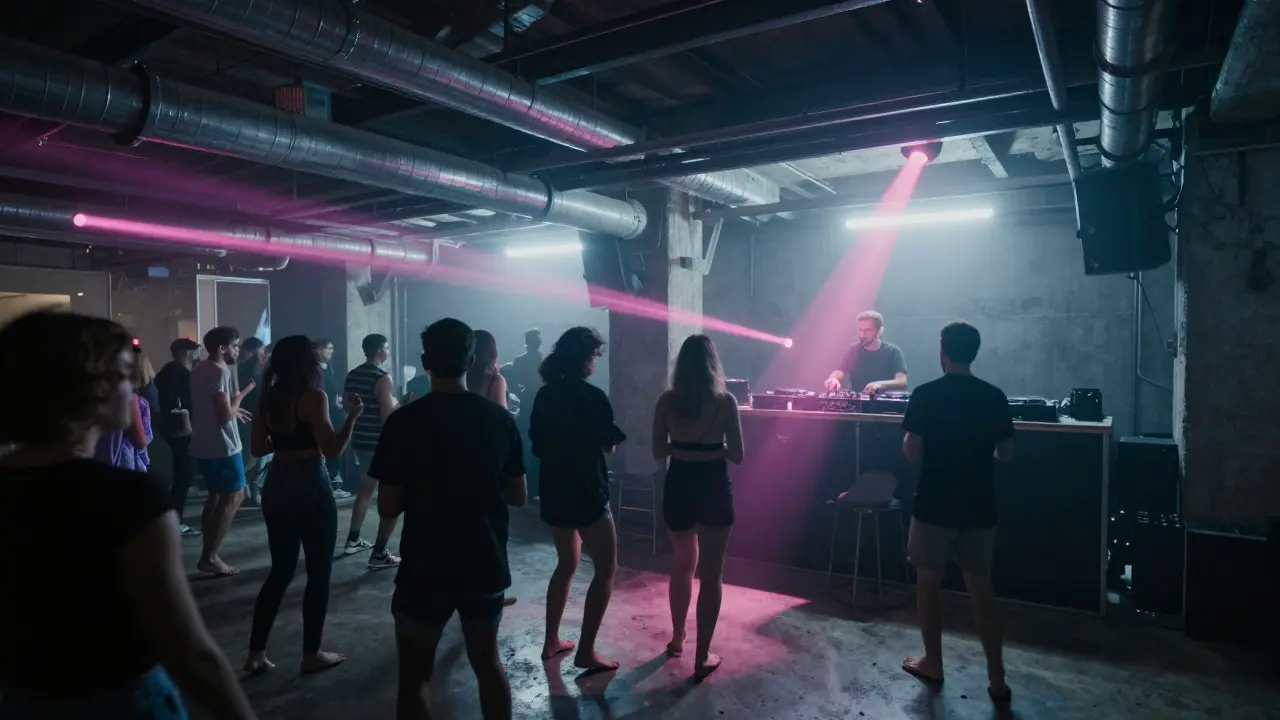 Crowd dancing in an industrial warehouse club under strobe lights